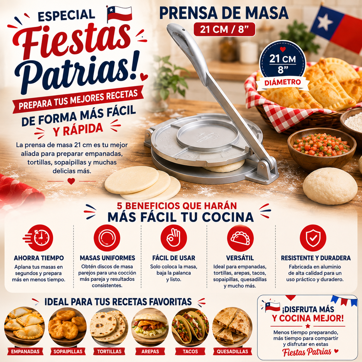 PRENSA DE MASAS PARA EMPANADAS 21CM